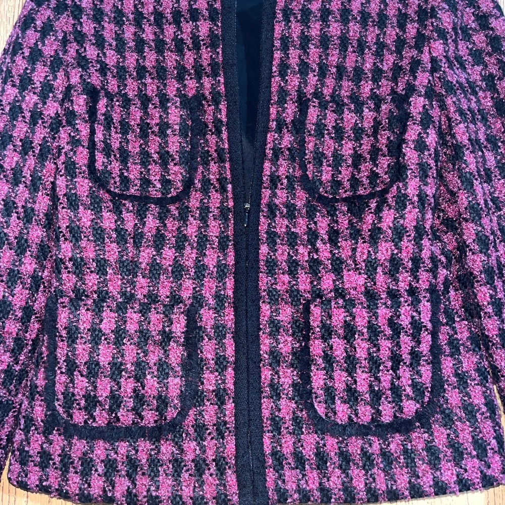 Talbots Women Black & Burgundy Tweed Full Zip w/ Fringe Trim Blazer Jacket Sz-10 - Picture 3 of 7